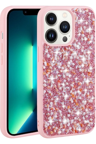 Apple Uyumlu iPhone 13 Pro Uyumlu Parlak Taşlı Tasarım Zore Linea Kılıf-pembe Pembe -
