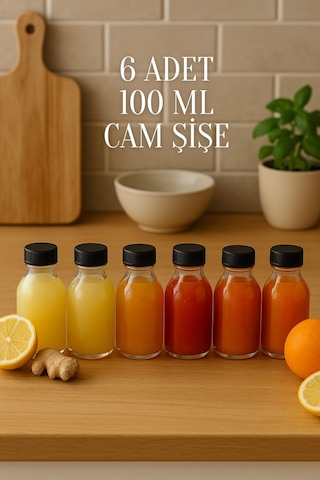 6 Adet 100 Ml Kilitli Siyah Kapaklı Şeffaf Detox Shot Şişesi 100 Cc Ginger Şat Beyaz Cam Şişe Şeffaf