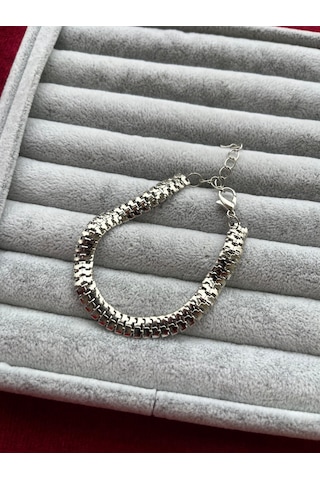 Silver Yassı Tırtıl Birbirine Geçmeli Model Erkek Künye Bileklik Gümüş