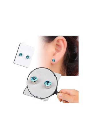 Vkemall Sağlıklı Manyetik Küpe - Çek Rhinestone Detaylı Kulak Mıknatısı 6mm Göl Mavisi