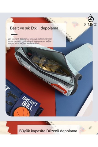 Karikatür Çift Katmanlı Basit Büyük Kapasiteli Öğrenci Kırtasiye Çantası MAvi