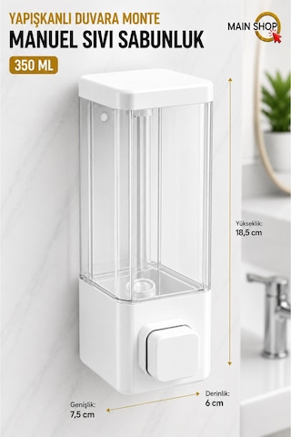 Mainshop 1 Adet Yapışkanlı Duvara Monte Banyo Ve Mutfak Manuel Sıvı Sabunluk 350 Ml Doldurulabilir M-53 Beyaz