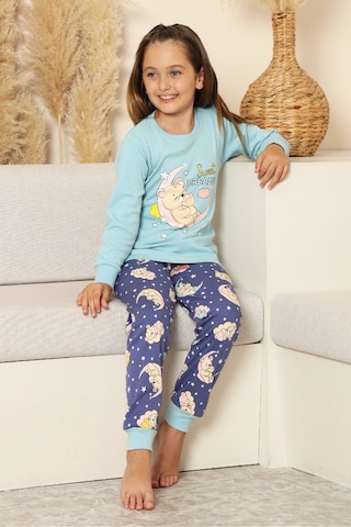 Kız Çocuk %100 Pamuk İnterlok Kumaş Pijama Takımı 6-15 Yaş 12421 Açık Mavi