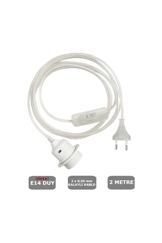 2 Metre Arapuarlı Aç Kapat Anahtar Fişli Abajur Duyu E14 2x0,50 Şeffaf Kablo - Beyaz Duy