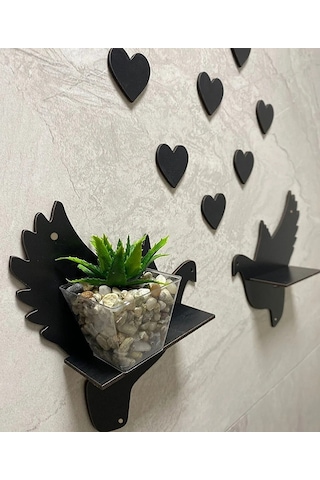 Çifte Kumru Ahşap 2'li Güvercin Duvar Rafı Ve 10 Adet Kalp Dekor