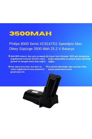 Philips 8000 Serisi Xc8147/01 Speedpro Max Dikey Süpürge 3500 Mah 25.2 V Batarya Uyumlu Uzun Ömürlü, Maksimum Performans Pil