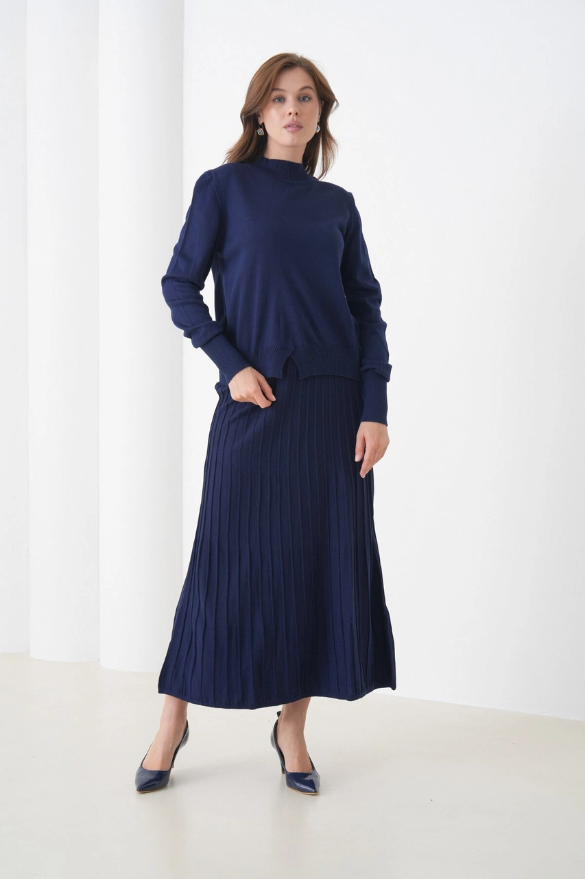 Kadın Pileli Etek Kazağı V Tasarım Tesettüre Uygun Örgü Triko Etek Kazak Takım Lacivert