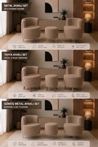 Peluş Puf Metal Gümüş Ayak - Dekoratif Puf Koltuk - Yuvarlak Makyaj Sandalyesi Sütlü Kahverengi