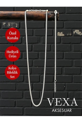 Örme Zincir Kolye Bileklik Set Özel Kutulu Şık Hediyelik Set Gümüş