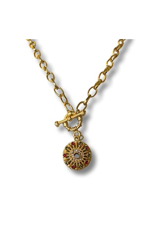 Kırmızı Sanat Evi Yuvarlak Taşlı Gold Zincirli Bijuteri Kolye Altın