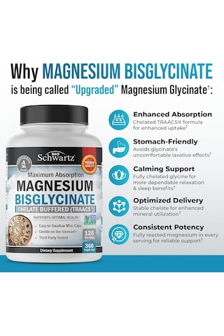 Bioschwartz Maximum Absorption Magnesium Bisglycinate Sleep, Muscle, Bone & Joint Support 360 Veggie