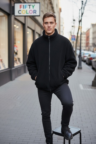 Siyah Premium Kalite Dik Yaka, Fermuarlı, Polarlı, Peluş Ceket Siyah