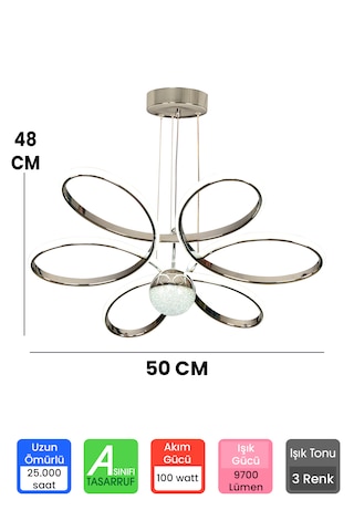 Fuzon Orkide Led Avize Büyük Salon Avize 3 Renk Kumandalı Aviz Gri - Gümüş