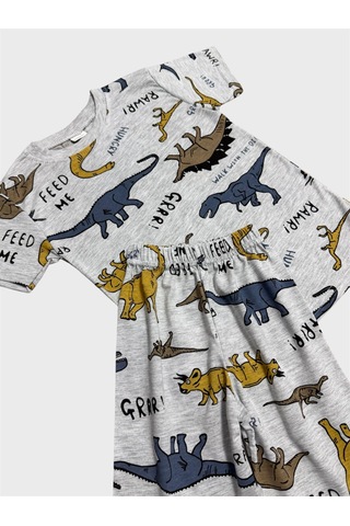 Aliş Kids Erkek Çocuk Pamuklu Gri Dinozor Desenli Kısa Kollu Şortlu Yazlık Pijama Takımı
