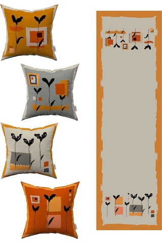 Turuncu Sarı Bohem Yaprak Desenli 4'lü Kırlent Kılıfı 1 Runner Seti 4kmbs138-rs