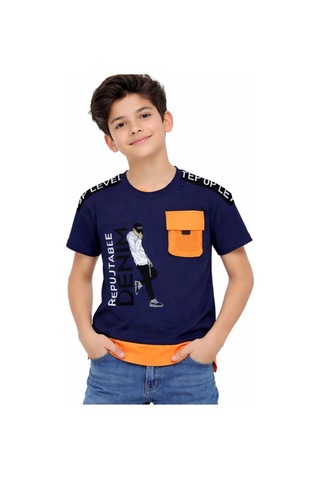 İrem Çocuk Giyim Erkek Çocuk Reputable Yazı Desenli Cepli Omuzları Yazılı Desenli Lacivert Renk Tişört Lacivert