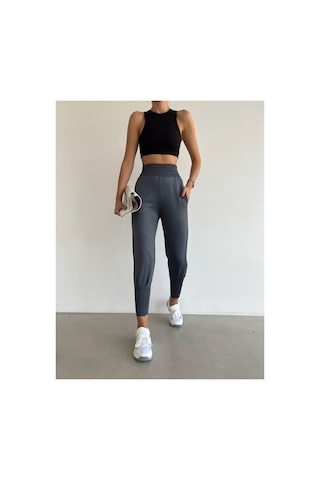 Dechival Scuba Dalgıç Jogger Eşofman Altı Yüksek Bel Geniş Kemer Paça Pile Detaylı Füme Gri