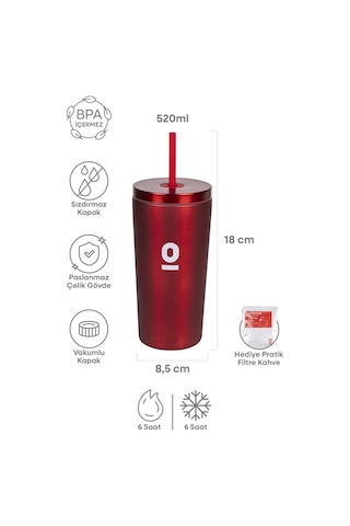 Kırmızı Metal Paslanmaz Çelik Pipetli Termos 520 ML Kapaklı No:95