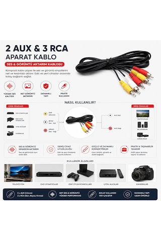 Krt-1134 Aparat Kablo - 2 Aux Ve 3 Rca Bağlantılı- 15'li Paket Diğer