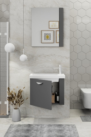 Biani Fix Maxila 60 Cm Seramik Lavabolu, Aynalı, Banyo Dolabı, Lavabo Dahil, Mdf,Mat Gri