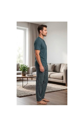 Pijamask Erkek Antrasit Ekose Desenli Cepli Düğmeli Kısa Kollu Pijama Takımı Antrasit