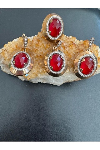 Aysesa Altın Görünümlü Yakut Zirkon Kadın Gümüş Set 2küpe+kolye+yüzük