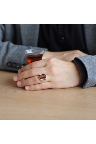 Flat Tasarım Kaplan Gözü Taşlı 925 Ayar Gümüş Erkek Yüzük (457819398)