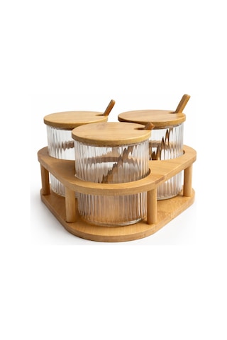 3 Lü Cam Baharatlık Seti Kaşıklı Bambu Standlı, Cam Baharat Kavanozu 8x8 Cm Şeffaf