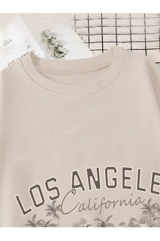 Altamira Unisex Bej Los Angeles Baskılı Oversize T-shirt 001