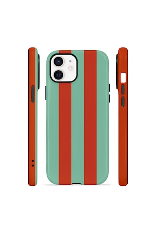 Apple iPhone Uyumlu 11 Vorian Çift Katmanlı Magsafe Kılıf Terracotta Mint Stripe