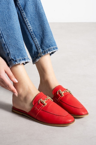 Shoetek Loive Kadın Terlik Önden Tokalı Kırmızı Deri Kırmızı