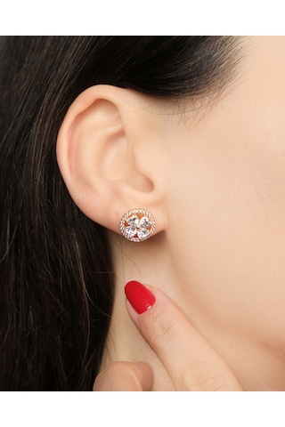 Lekka Design Kadın Kararmaz Çelik Lüks Takı Zirkon Taşlı Yoncalı Yuvarlak Abiye Küpe Altın