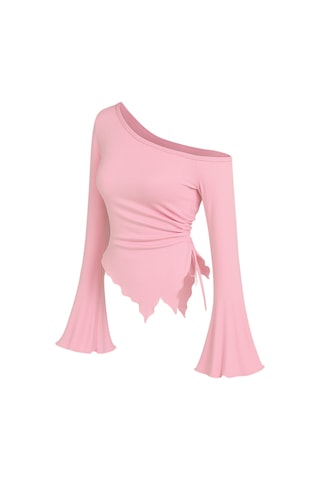 Wild Flower Pembe Uzun Kollu Asimetrik Yaka Drapeli Yan Bağlamalı Bluz Üst Pembe