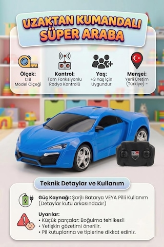 Uzaktan Kumandalı Süper Araba 1:18 Ölçekli 4 Fonksiyonlu Radyo Kontrol Sistemli Oyuncak Araba Mavi