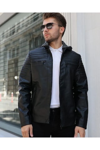 Erkek Kapüşonlu Siyah Deri Mont 001