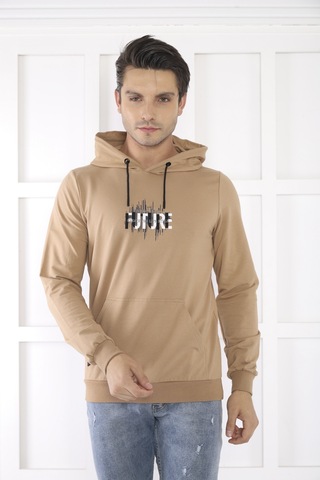 Escetic Spor Erkek Koyu Vizon Cepli, Kapüşonlu Sweatshirt-4170