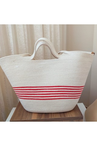 Yazlık Pamuk Dokuma Kadın Omuz Çantası, Plaj Çantası Bej - Kırmızı