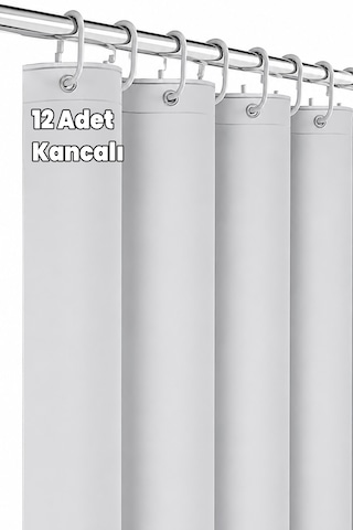 Banyo Perdesi - Su Geçirmez - Duş Duşakabin Perde - 12 Kancalı - 180x180 Cm - Kendinden Delikli Kolay Takılan Kanca Beyaz