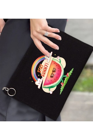 Bk Gift Yaz Temalı-7 Astarlı Siyah Portföy Çanta 30x21cm, Baskılı El Çantası, Organizer Çanta