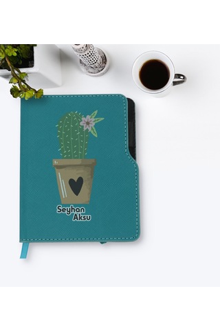 Kişiye Özel Kaktüs Tasarımlı Turkuaz Termo Deri Defter-6 Yeşil