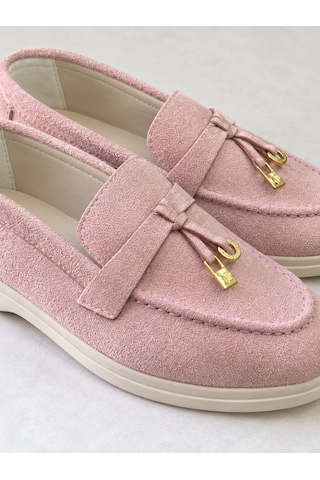 Dabab Shoes Lupy Kadın Pudra Süet Loafer Ayakkabı Gold Aksesuarlı Ortopedik Rahat Taban Casual Babet