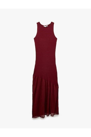 Koton Slim Fit Tül Detaylı Viskon Kolsuz Bisiklet Yaka Uzun Triko Elbise Bordo 7wal80004ht