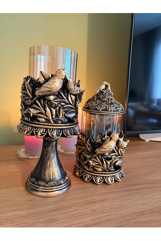 Kuşlu Ayaklı Ve Kapaklı Dekoratif Cam Mumluk & Şekerlik Seti Siyah Altın Varak Eskitme 2'li Şamdan & Kavanoz 27x12 Cm & 23x12 Cm Çok Renkli 08224044