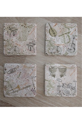 Müzik Aletleri Doğal Taş Bardak Altlığı 4'lü Set - Natural Stone Coasters-174249 Beyaz