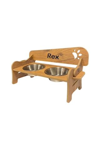 Realwood Ahşap Kademeli Eğimli Çelik Kaseli Kedi Köpek Mama Su Kabı 400 ML