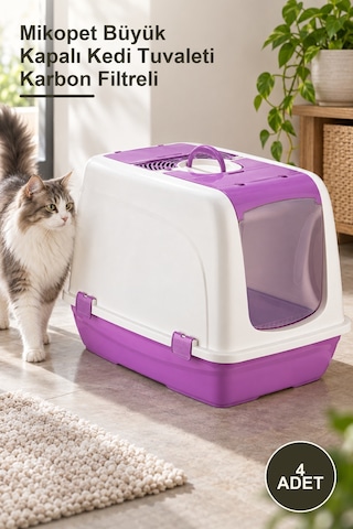 4 Adet Mikopet Büyük Kapalı Kedi Tuvaleti Karbon Filtreli