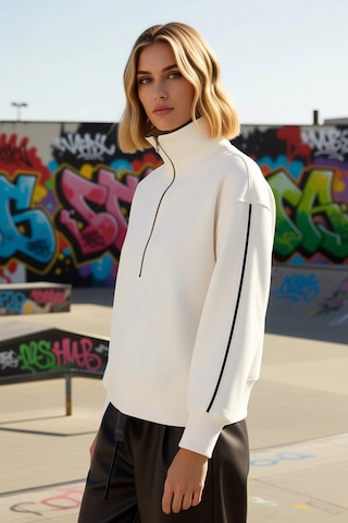 Benerly Kadın Dik Yaka Fermuarlı Düşük Kol Regular Kesim Örme Sweatshirt Ekru