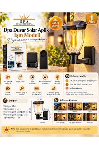 Dpa 7w Amber Işın Duvar Aplik Solar Led Güneş Enerjili Şarjlı Armatür Lamba 2000k 190lm Ip65