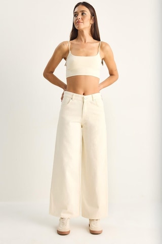 Shade Kadın Desenli Cep Detaylı Yüksek Bel Wide Leg Denim Pantolon 60282059 - Krem