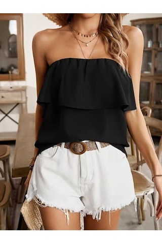 Meridefashion Omuzlardan Açık Lastikli Fırfırlı Dubai Bluz 87282 S/m - Siyah Çok Renkli